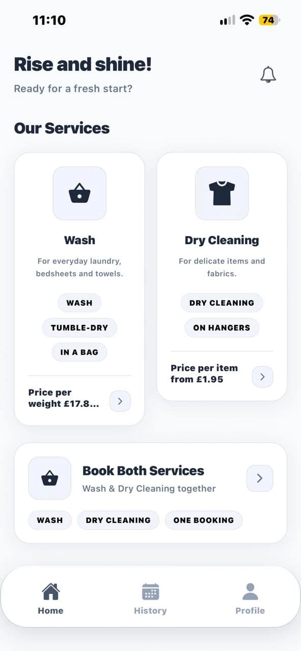 Naku Laundry mobile app home screen with wash and dry cleaning services