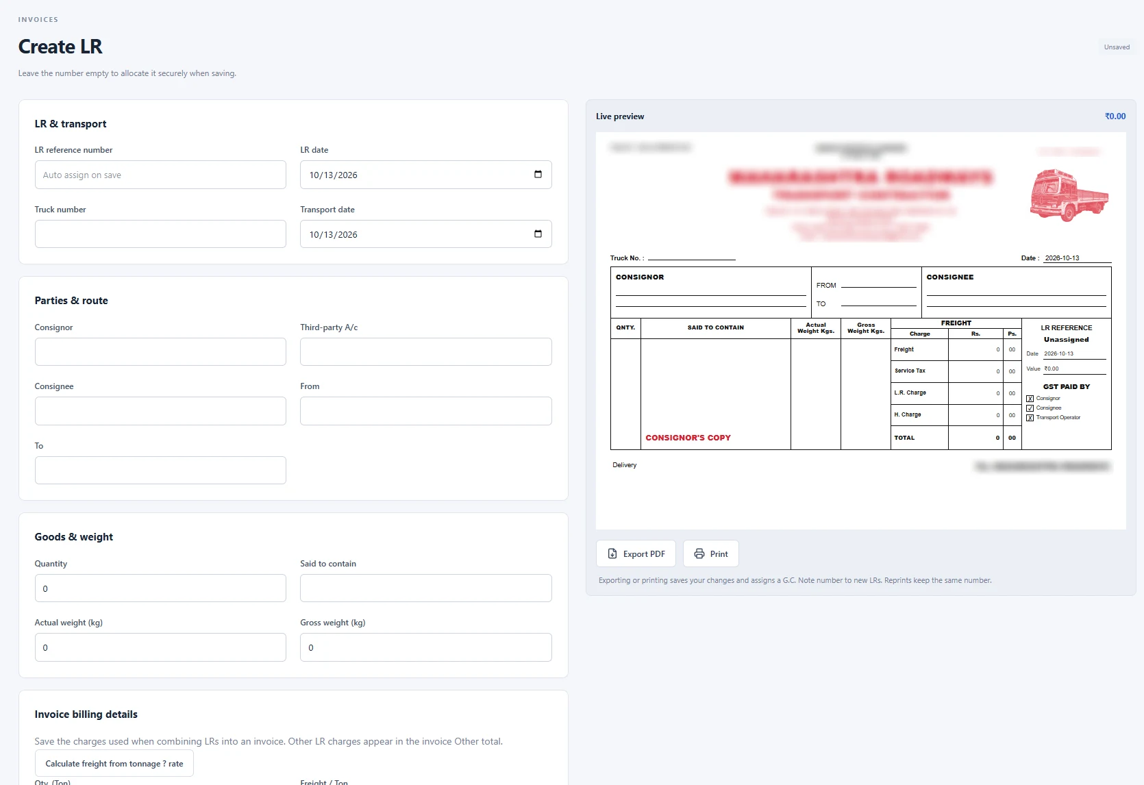 Create LR screen with a live consignment note preview