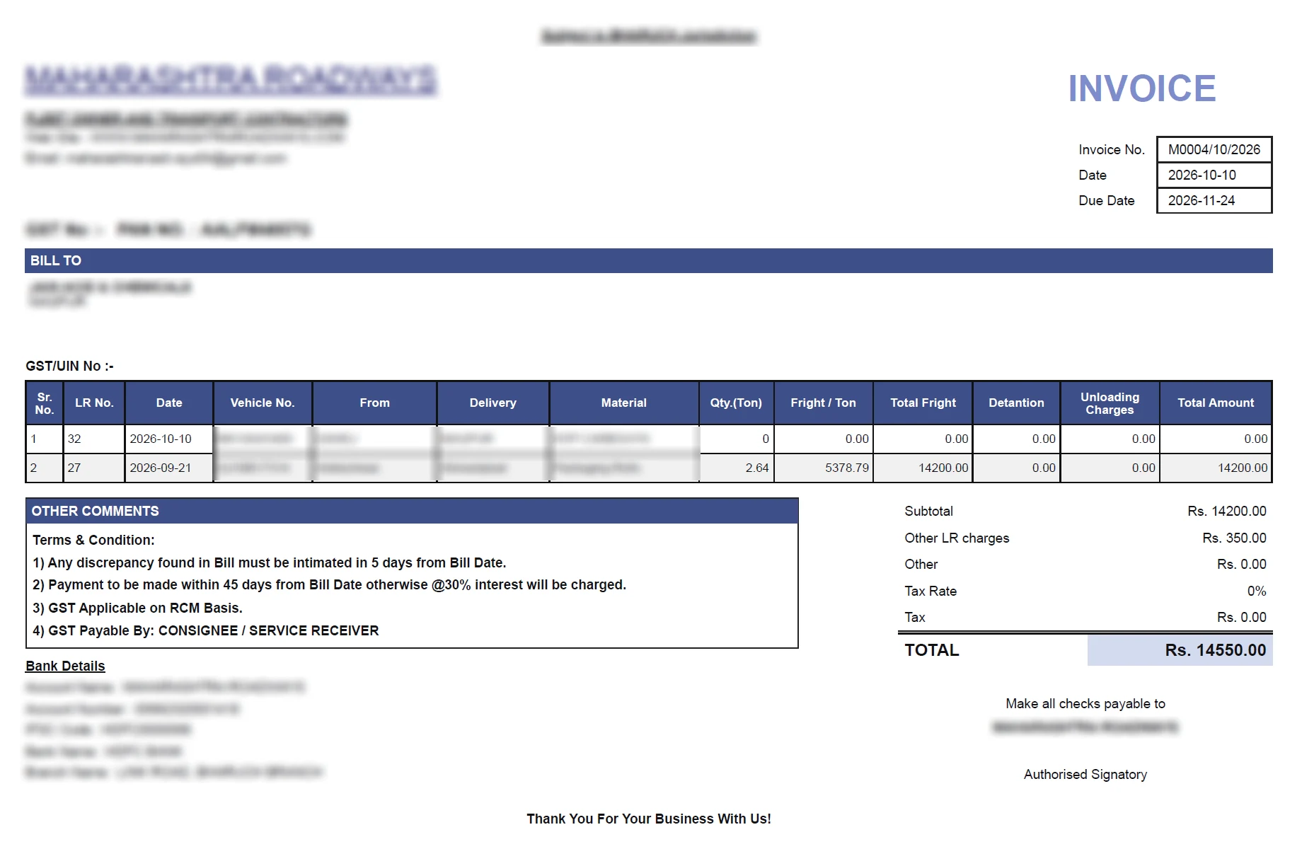 Generated PDF invoice with business details redacted