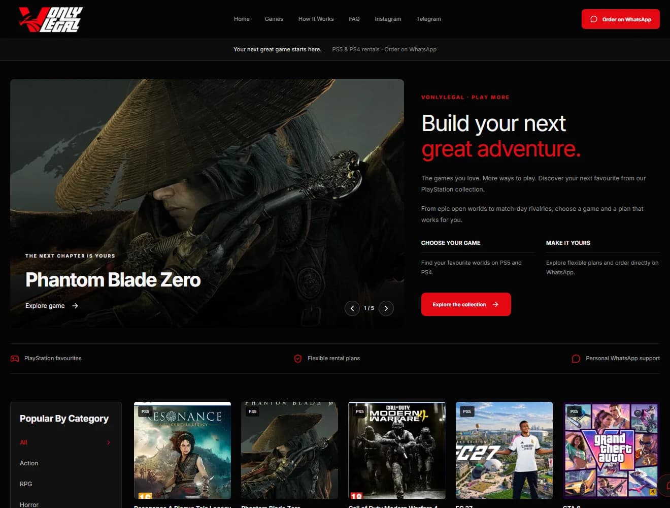 VONLYLEGAL homepage with featured game carousel